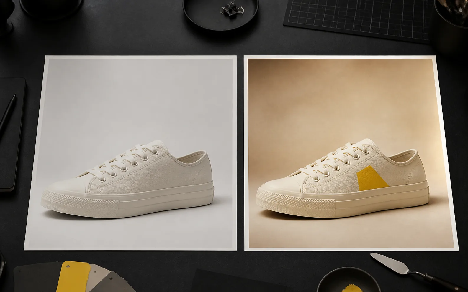 Sneaker image before and after a focused yellow material edit