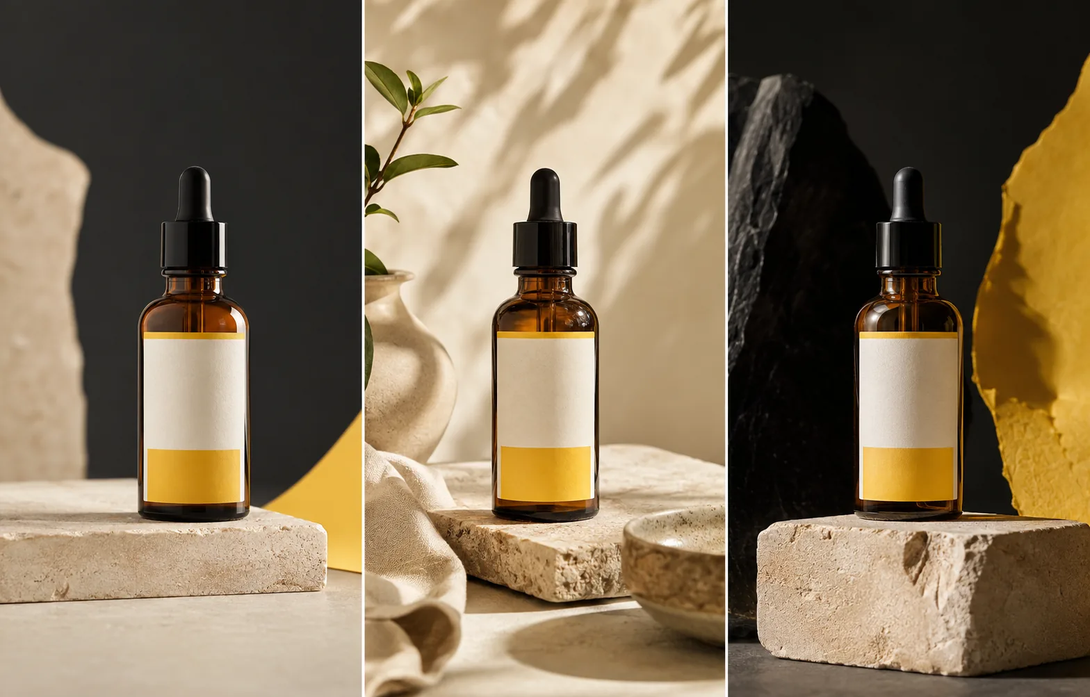 Amber skincare bottle in coordinated yellow campaign layouts