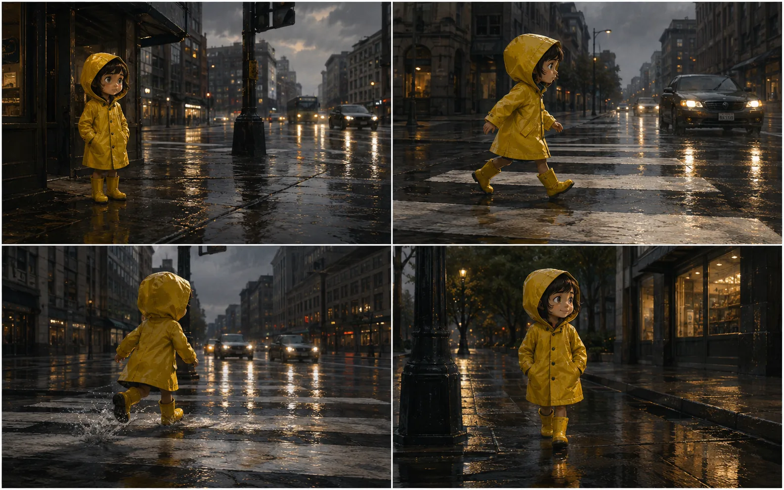 Four rainy-city panels featuring one yellow-coated character